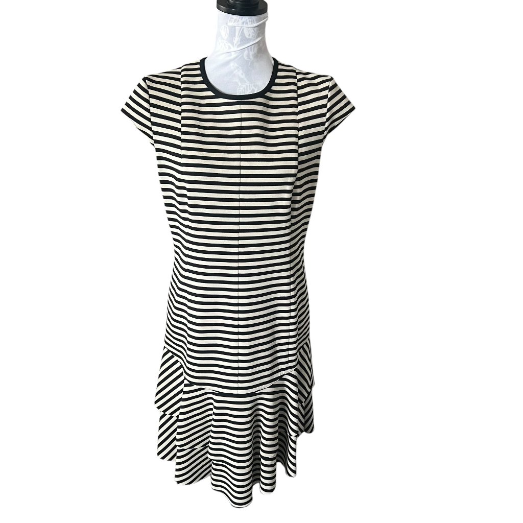 Akris Punto Striped Dress Womens Size 10 Ruffle Skirt Cap Sleeve Black White